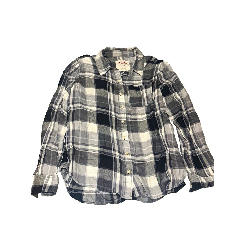 Mossimo Supply Co. Women's L Gray White Black Plaid Flannel Rayon Button-Up